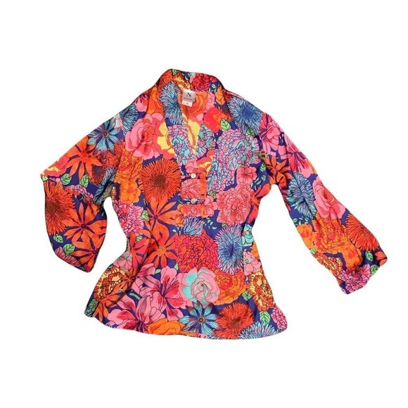 NATORI Womens Polyester Satin Top Colorful Floral Print Kimono Sleeve XS 210N - Picture 3 of 8